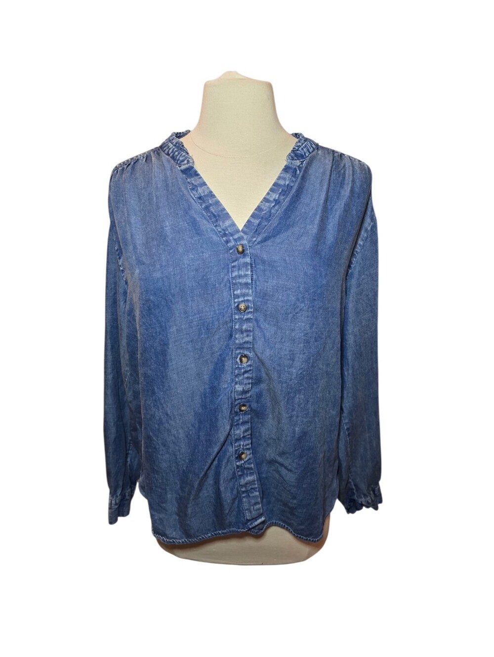 Jane and Delancey Distressed Button Down Denim Blouse Blue Size Large